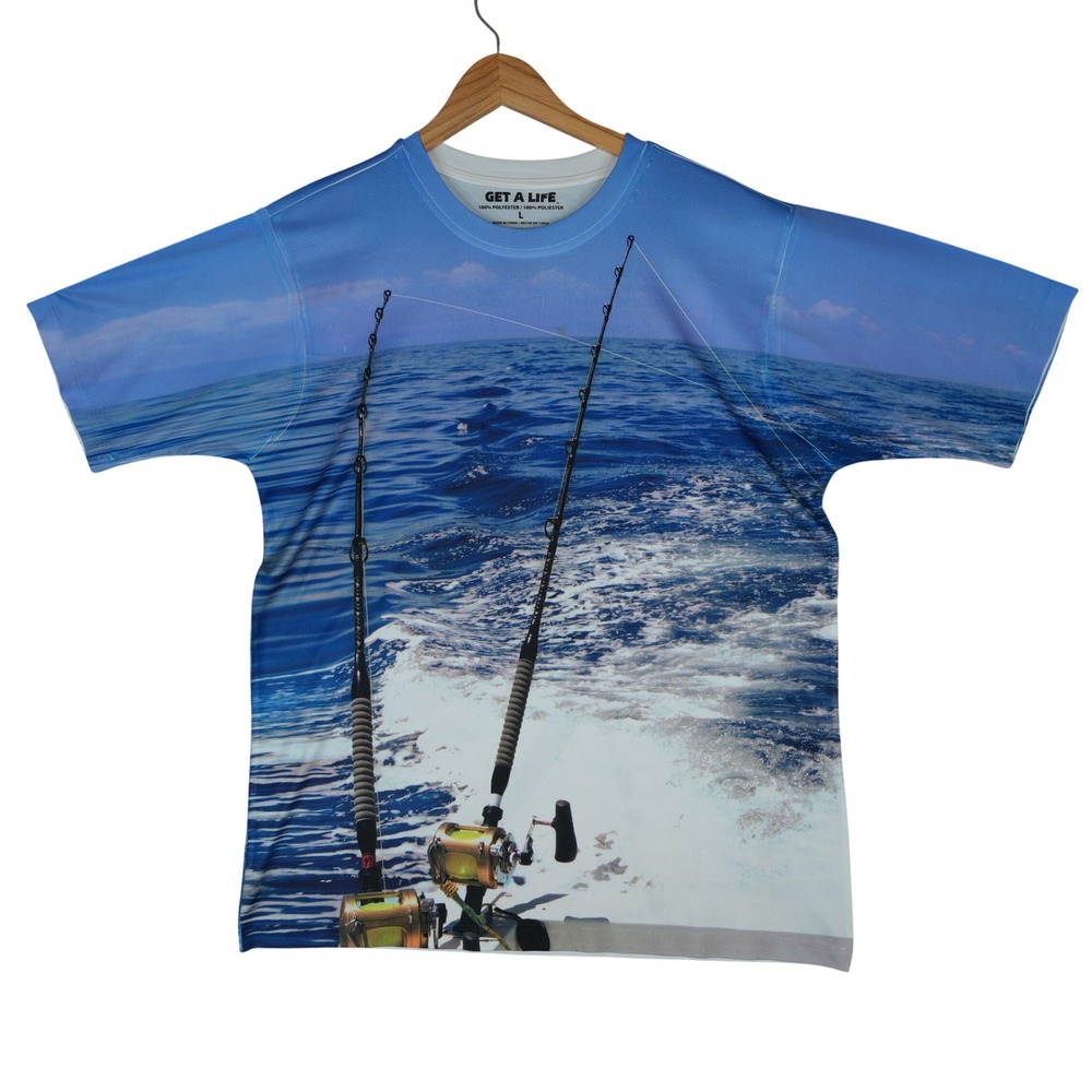Get A Life Fishing T-Shirt Mens Large Blue All Over Print Marlin Graphic Tee